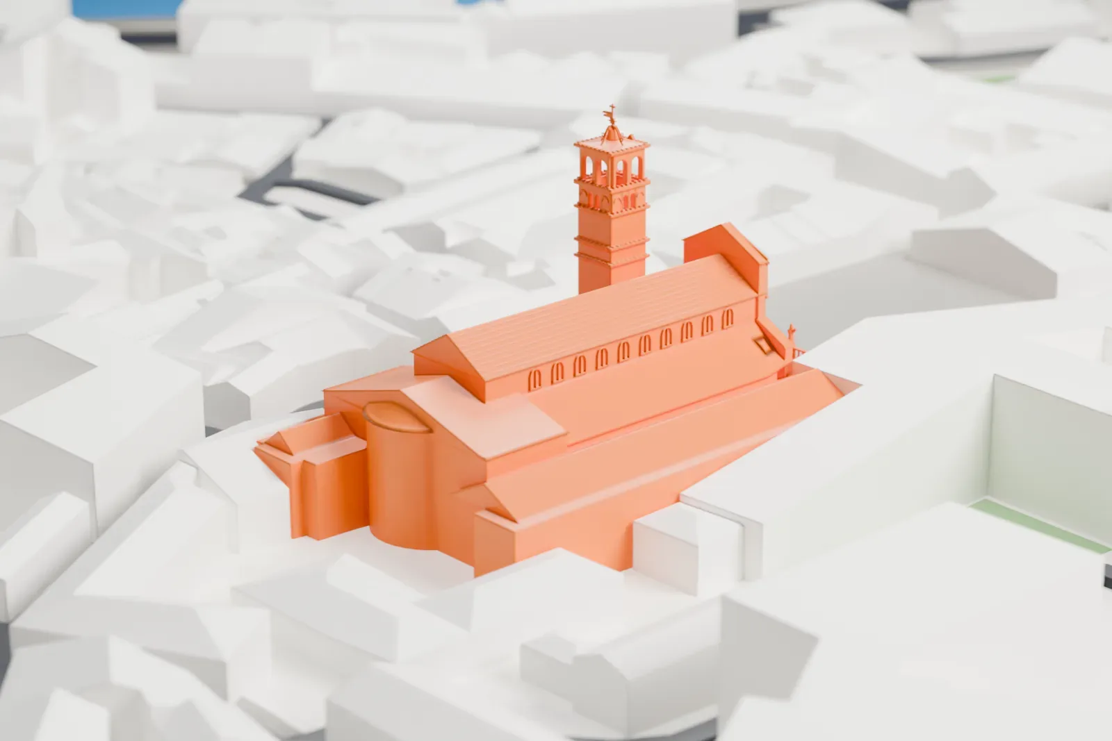 A white 3D print of Santa Maria in Trastevere, a church building, among the surrounding streets and buildings of its Roman neighborhood.