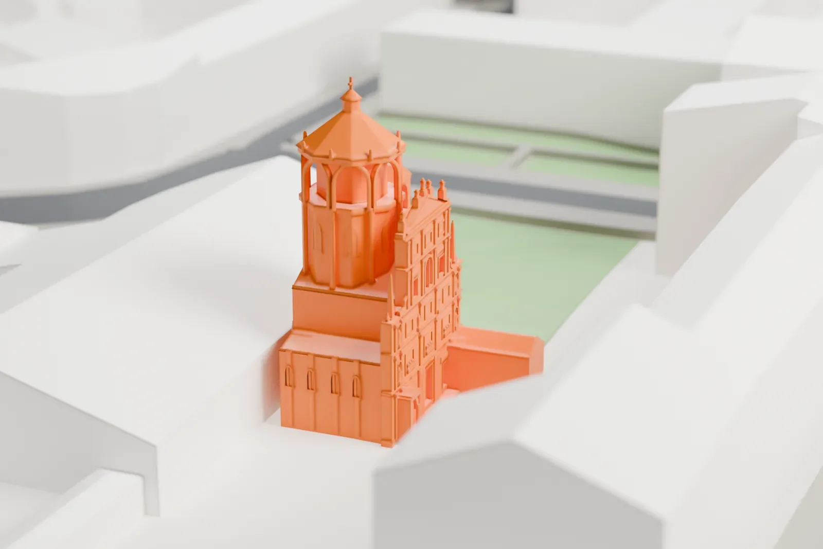 A white 3D print of Santa Maria presso San Celso, a church building standing among the streets and buildings of Milan.