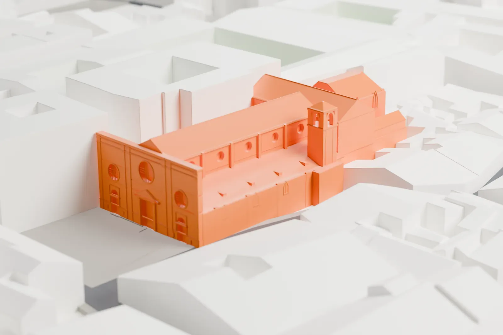 A white 3D print of Santa Maria sopra Minerva, a church with a flat Renaissance front and a long roof, set among the dense streets and buildings around it.