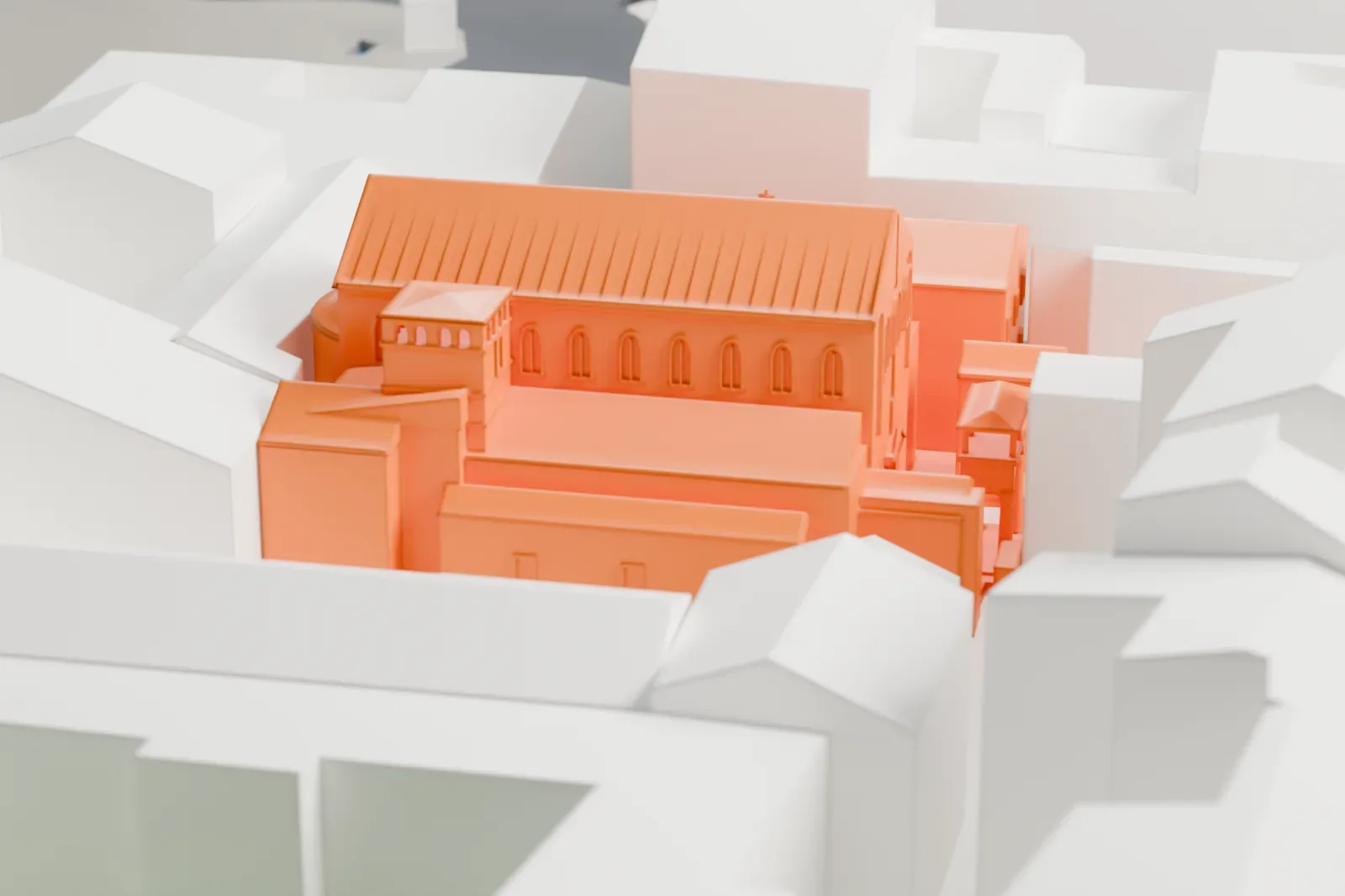A white 3D print of Santa Prassede, a low basilica among the surrounding buildings of the Monti district.