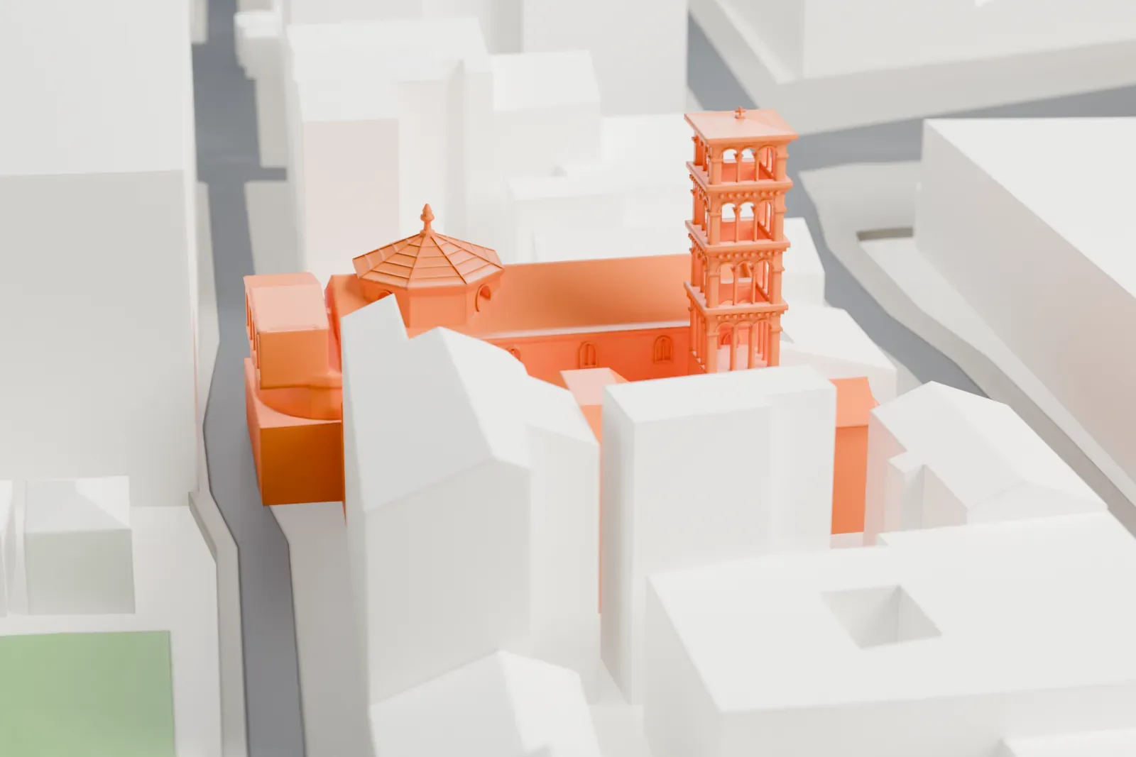 A white 3D print of Santa Pudenziana among the surrounding streets and buildings of Rome.