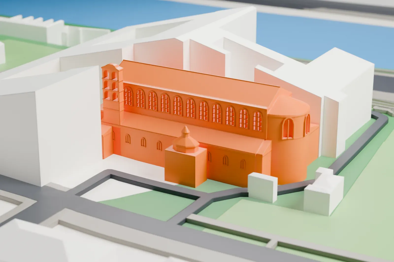 A white 3D print of Santa Sabina, a long church with a bell tower, among the surrounding buildings of the Aventine Hill.