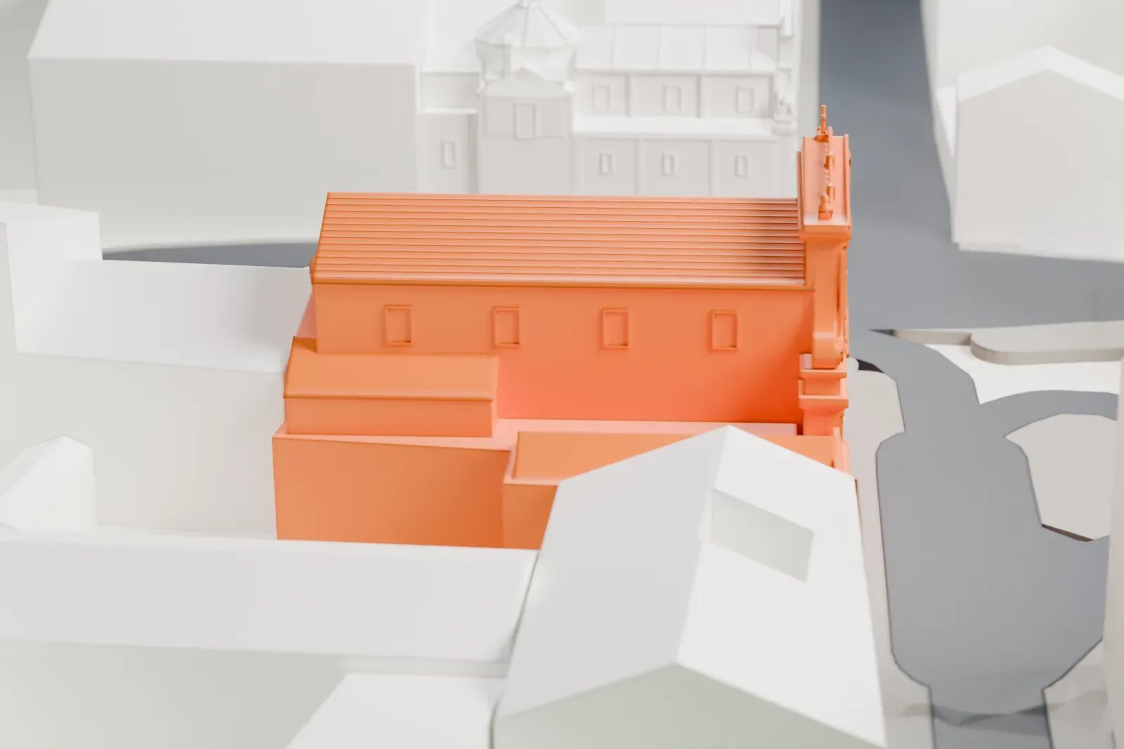 A white 3D print of Santa Susanna among the surrounding streets and buildings of Rome.