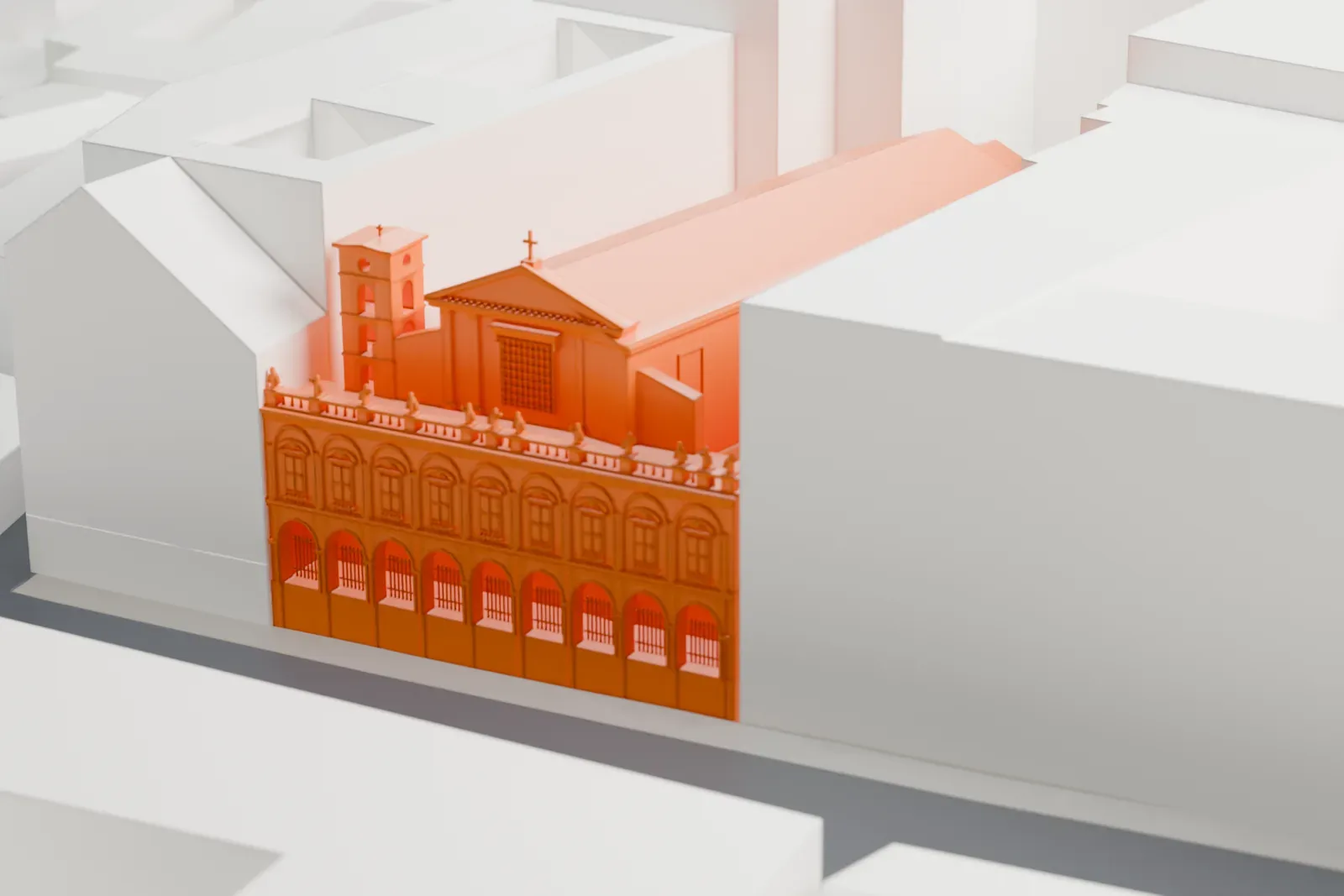 A white 3D print of Santi Apostoli, a church in Rome, among the surrounding streets and buildings.