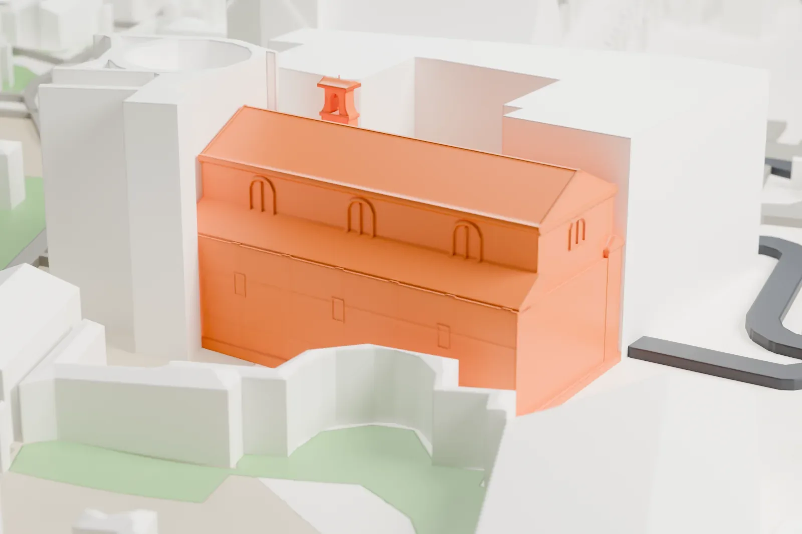 A white 3D print of the basilica of Santi Cosma e Damiano, a broad church, among the surrounding buildings of the Roman Forum.
