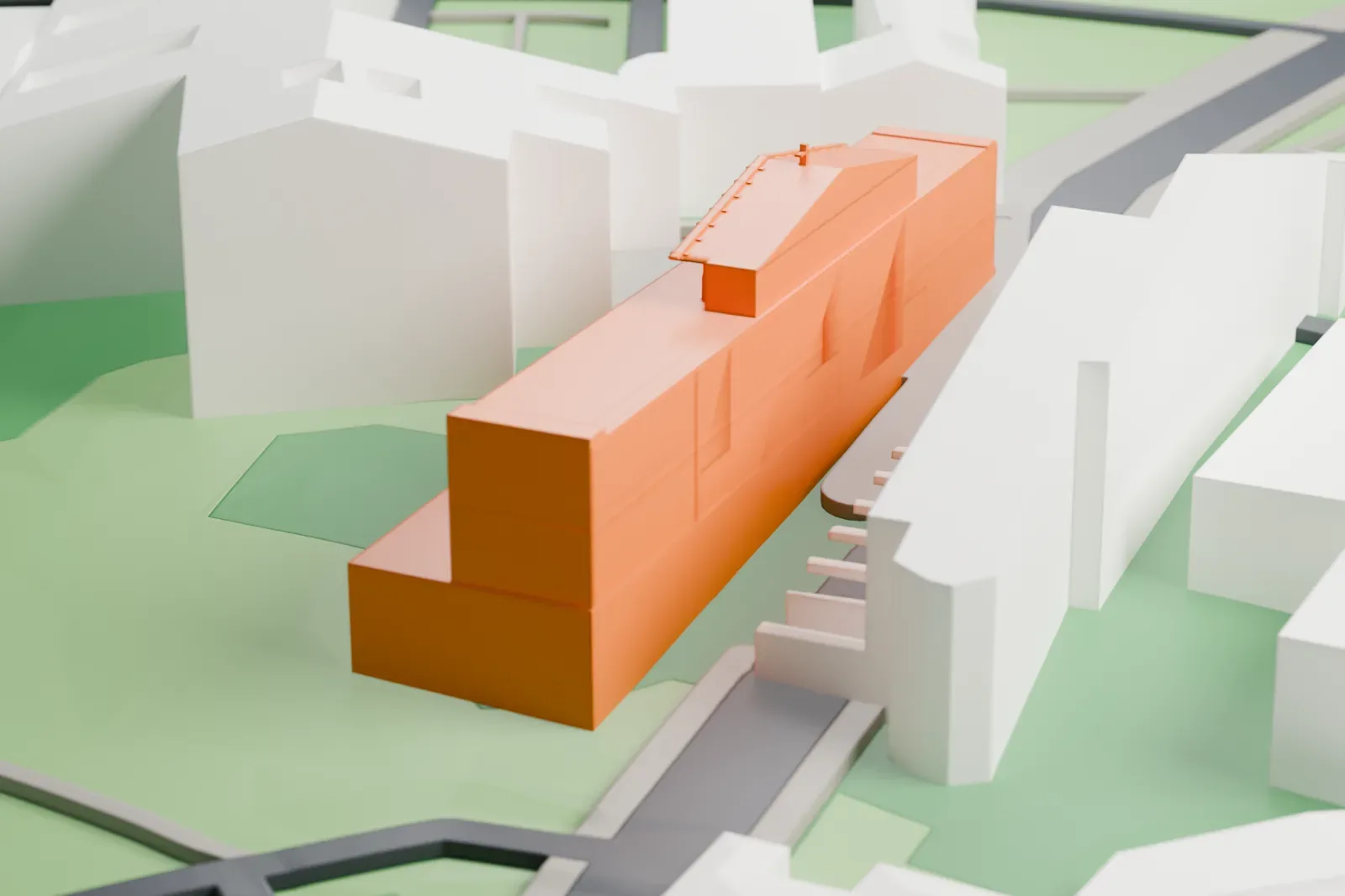A white 3D print of Santi Giovanni e Paolo al Celio, a church building among the surrounding streets and buildings.
