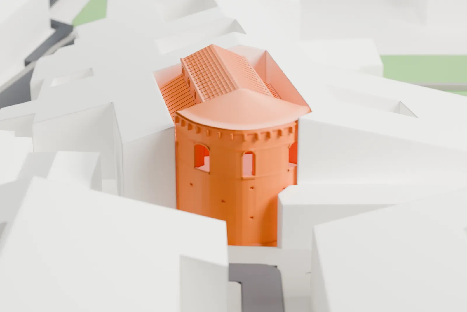 A white 3D print of the Santi Quattro Coronati complex among the streets and buildings of Rome.