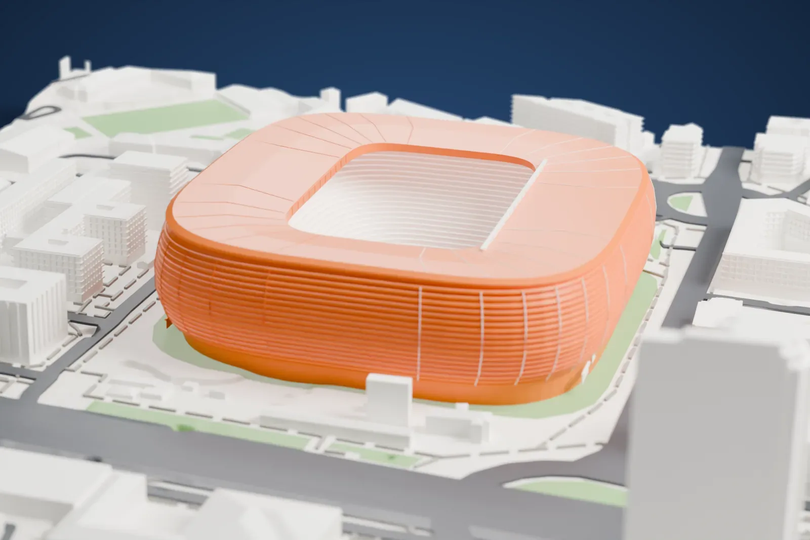 A white 3D print of the Bernabéu, a rounded rectangular stadium with a ribbed curved outer wall and a wide roof ring around an open center, surrounded by city buildings, roads and small green patches.