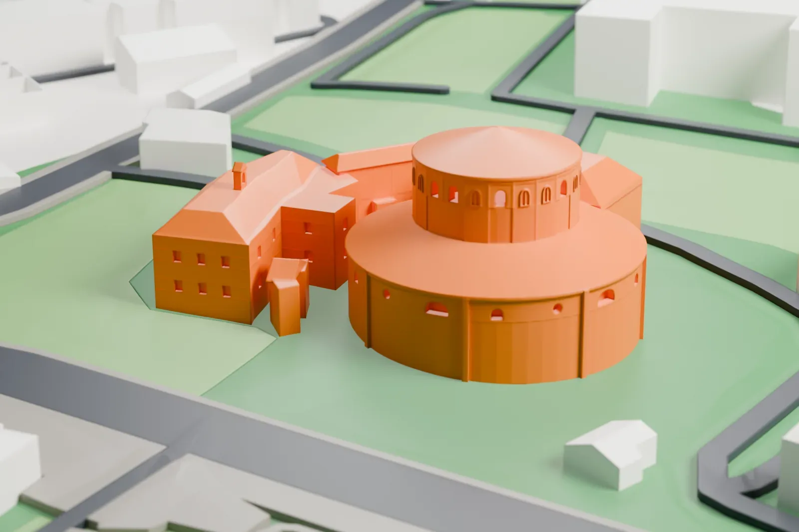 A white 3D print of Santo Stefano al Monte Celio, a round church, among the surrounding buildings of the Caelian Hill.