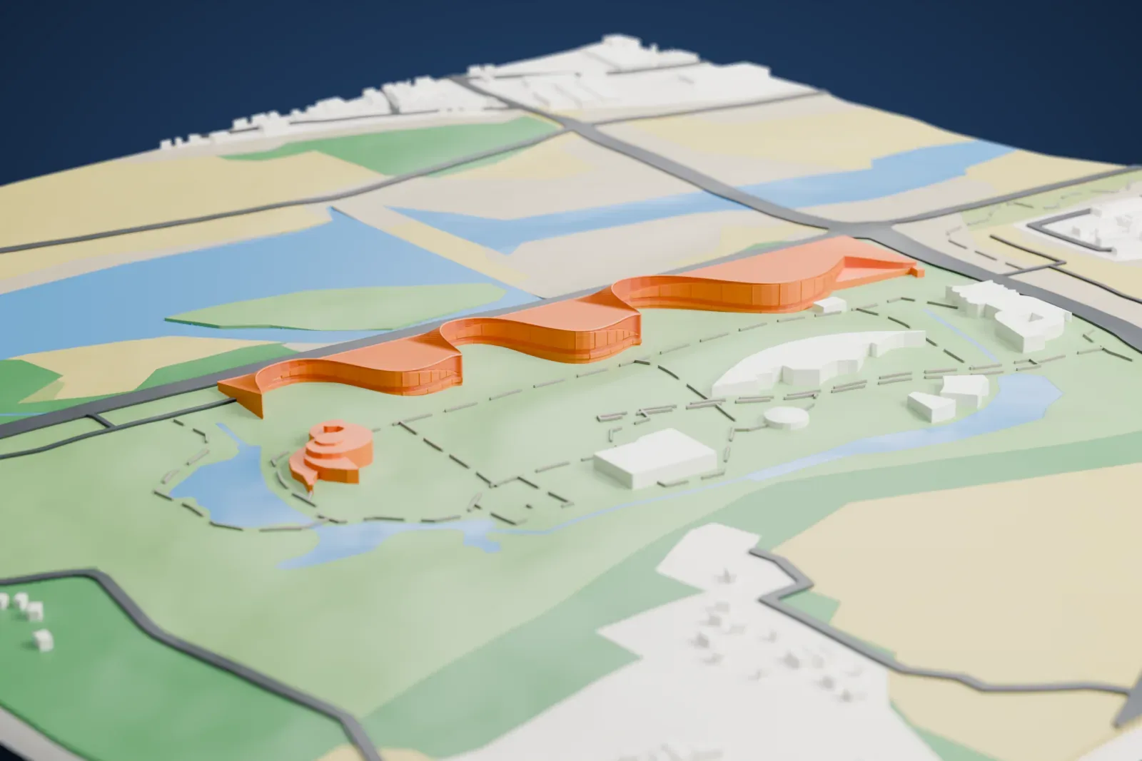 A white 3D print of Sanxingdui Museum, a long low building with a wavy outline beside a road, set in green grounds with ponds and water nearby.