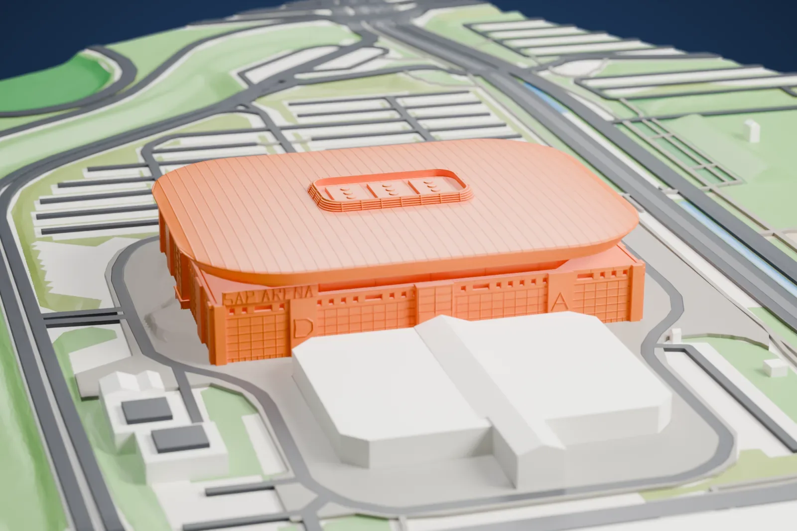 A white 3D print of SAP Arena, a broad arena with a shallow rounded roof and a tall glazed foyer, among surrounding buildings.