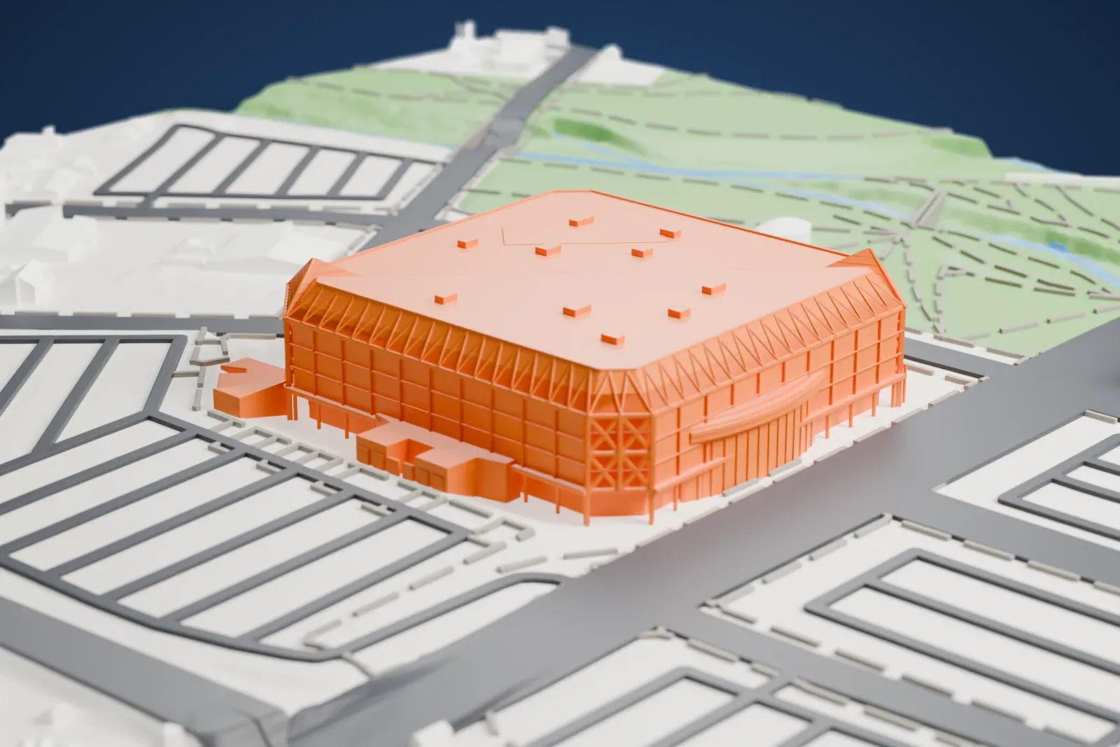 A white 3D print of the SAP Center, a near-square arena box with chamfered corners, a sloped truss band along its roof edge and glass pyramids over two corners, among the surrounding streets and buildings.
