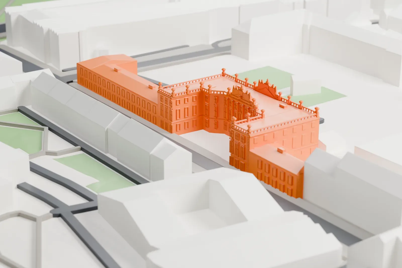 A white 3D print of Sapieha Palace among surrounding streets and buildings.