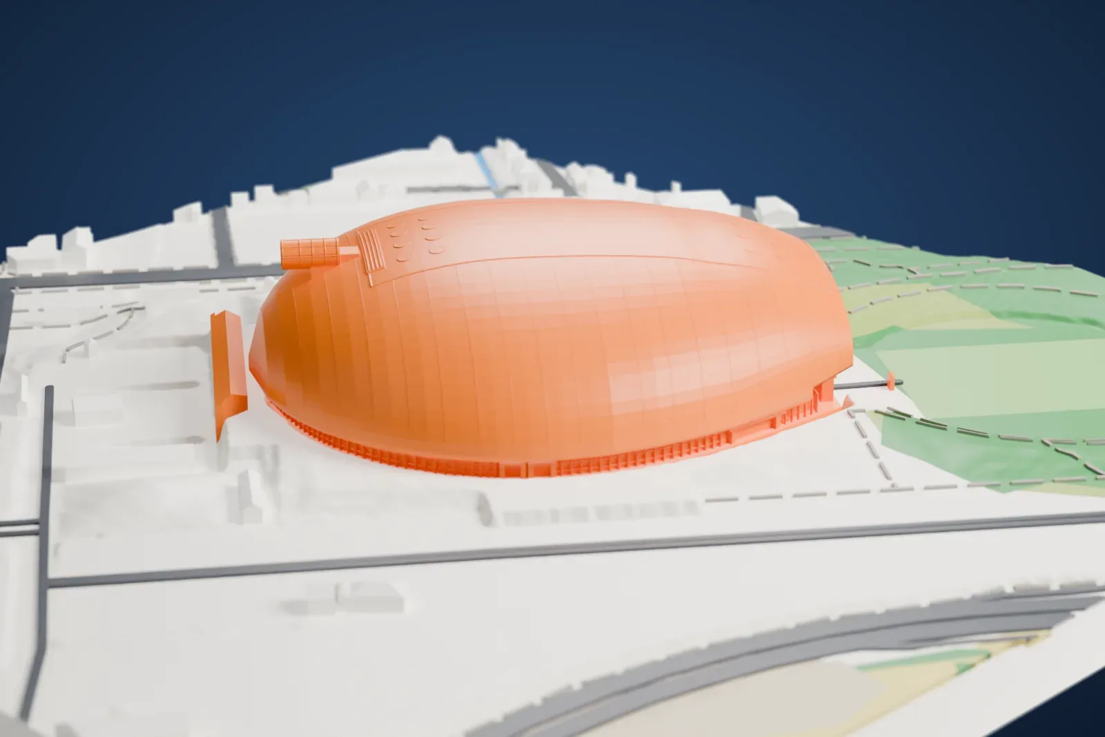 A white 3D print of Sapporo Dome, a large smooth oval dome with a glazed end wall, surrounded by roads, low buildings and green fields.