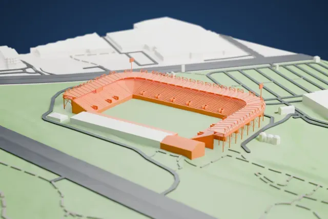 A white 3D print of Saputo Stadium, a horseshoe of open stands on slim stilts with floodlight masts, beside a long building, with parking lots, grass and roads around it.