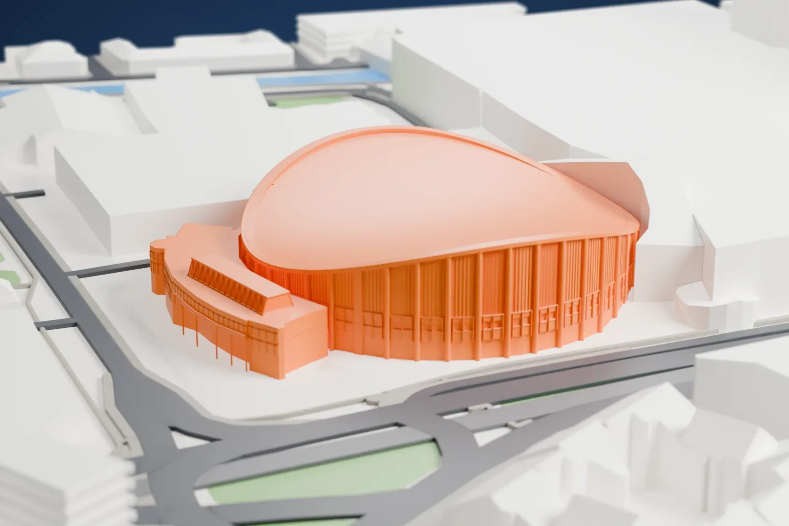 A white 3D print of Scandinavium, a round arena under a sweeping saddle roof with a thin curved rim, among the streets and buildings of central Gothenburg.