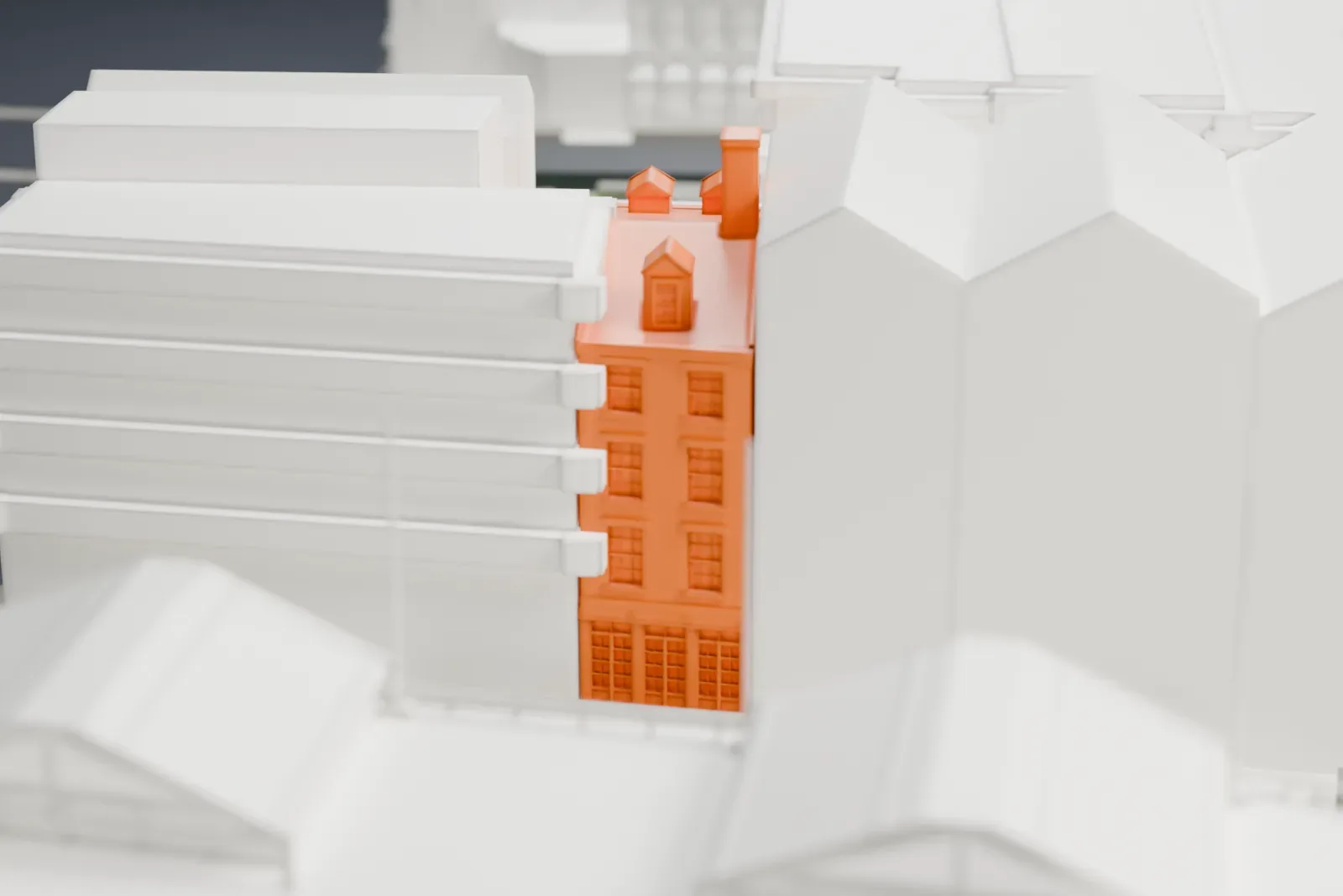 A white 3D print of one narrow building of the Schermerhorn Row Block, with a chimney and small dormers, squeezed between larger neighboring buildings.