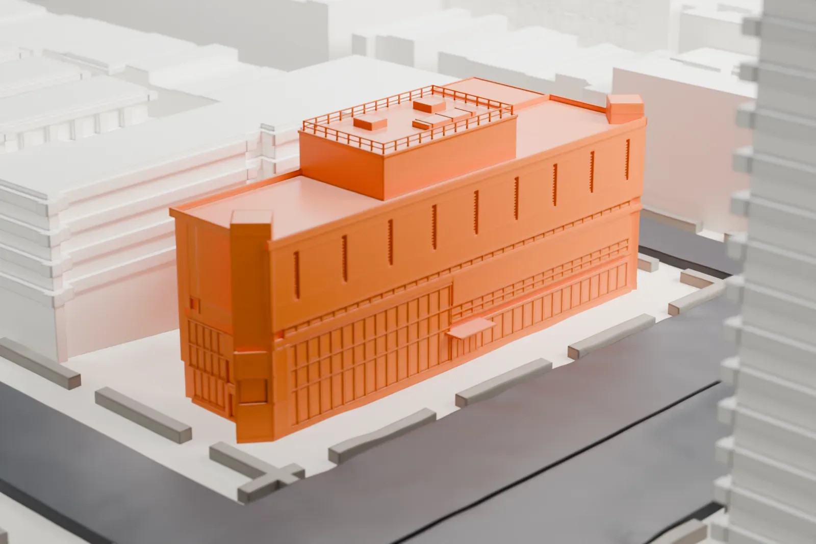 A white 3D print of the Schomburg Center for Research in Black Culture, a boxy building with a stepped roof on a city block, with streets and taller buildings around it.
