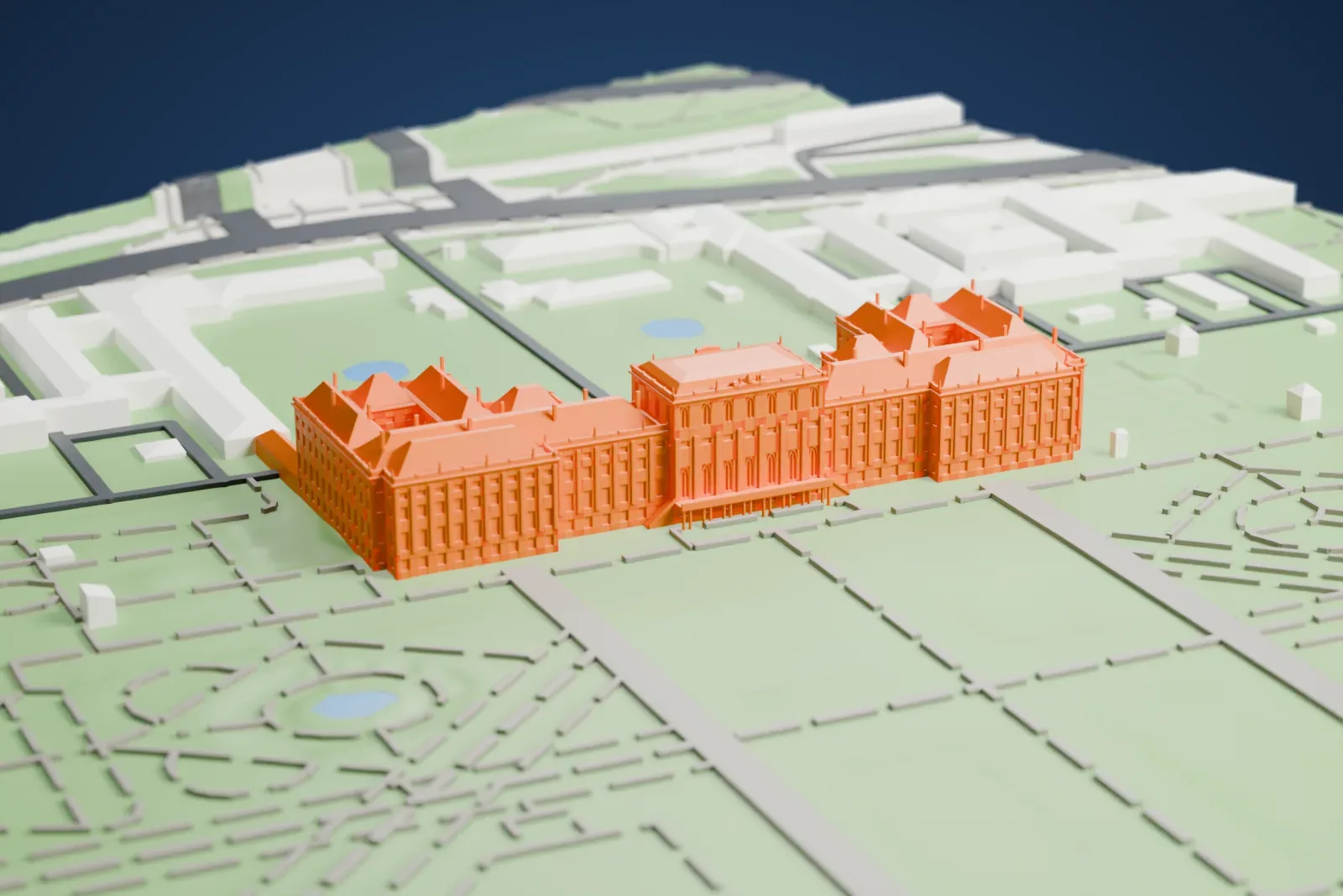 A white 3D print of Schönbrunn Palace, a long Baroque building with a central block and projecting wings around a courtyard, set among formal gardens, paths and the streets of a Vienna district.