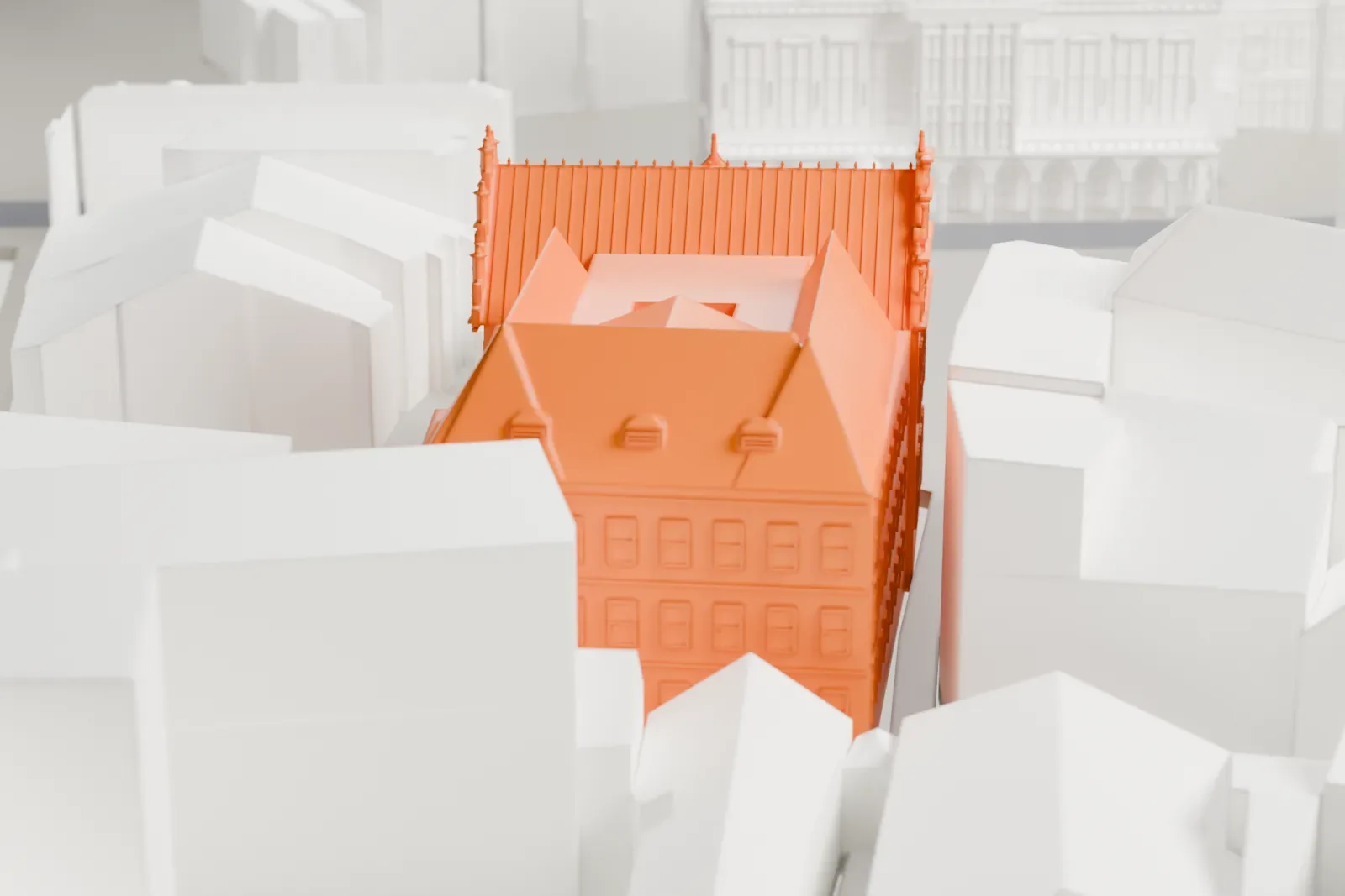 A white 3D print of the Schütting, a gabled hall on Bremen's market square, with surrounding buildings.