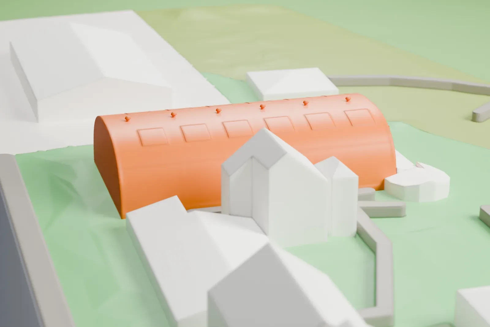 A white 3D print of the Schwenningen International Aviation Museum hangar, a low curved hall with a broad open entrance, beside the airfield.