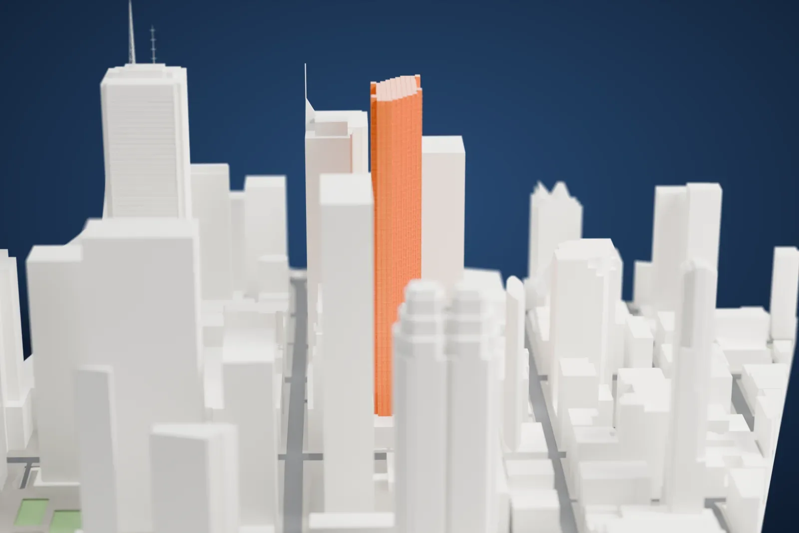 A white 3D print of Scotia Plaza among the surrounding streets and buildings of downtown Toronto.