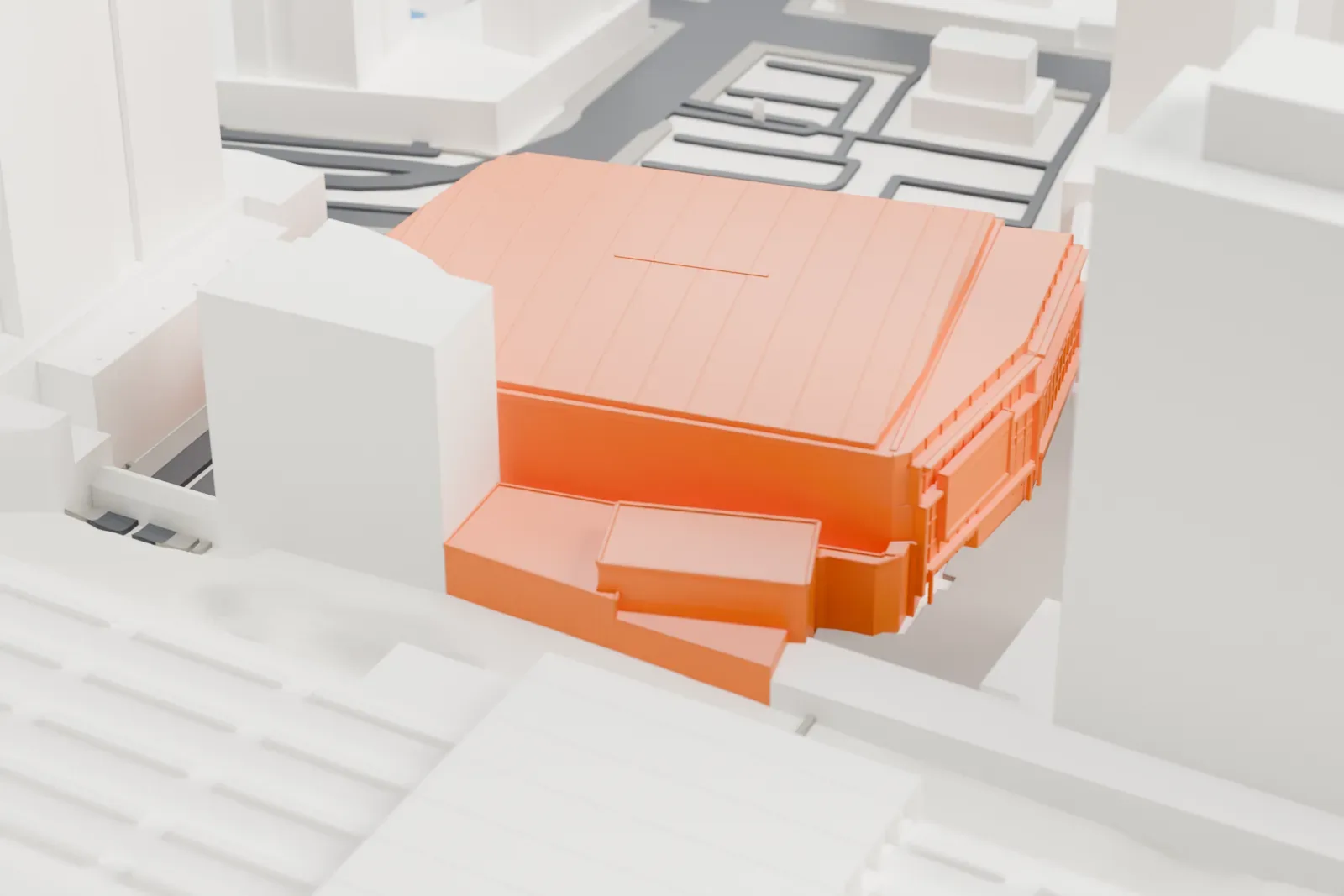 A white 3D print of the Scotiabank Arena, a large arena block among the surrounding streets and buildings of downtown Toronto.