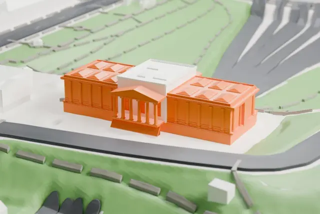A white 3D print of the Scottish National Gallery, a low building with columned porticoes and a roof of skylight panels, set among grassy gardens, footpaths and roads.