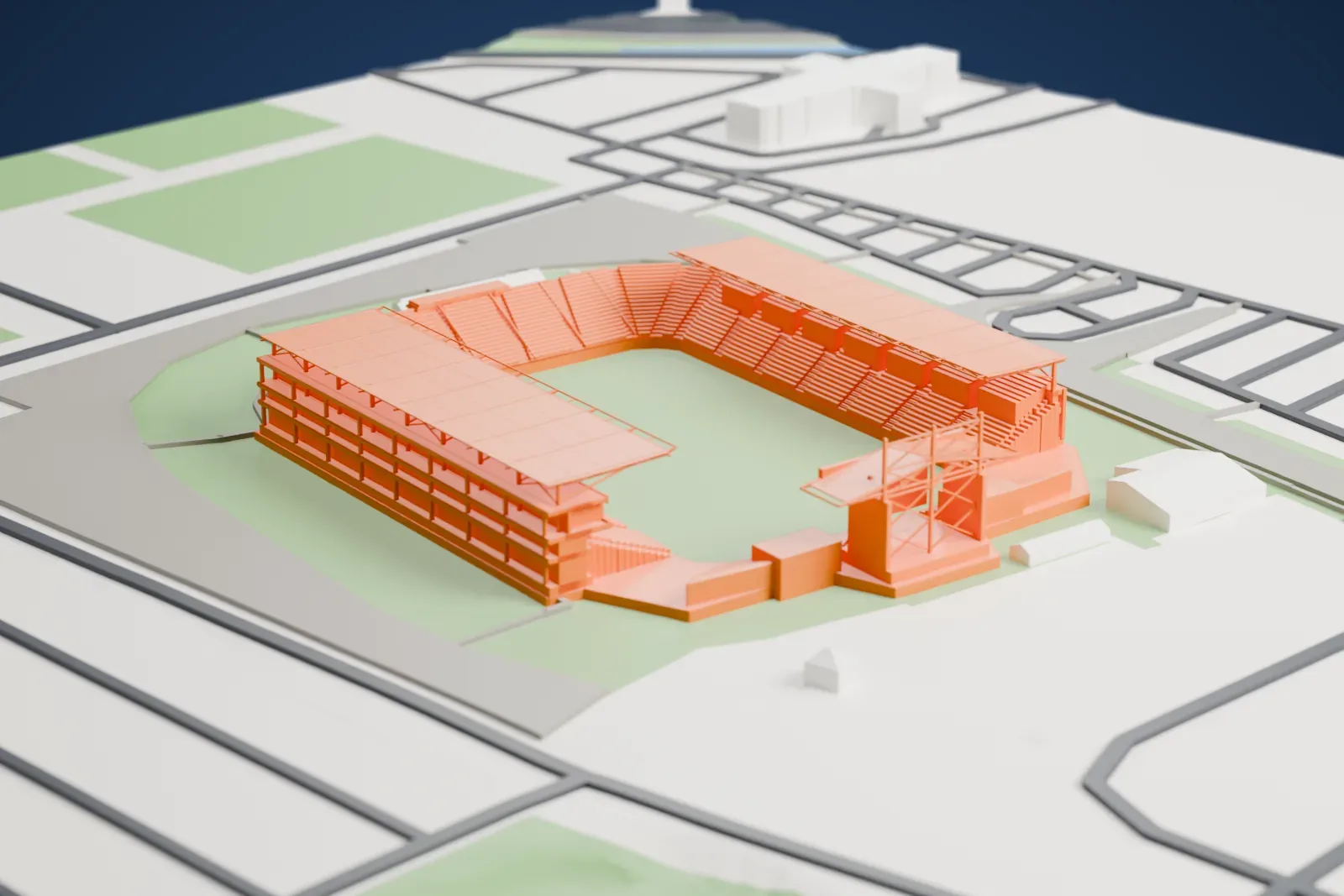 A white 3D print of SeatGeek Stadium in Bridgeview, with the surrounding streets and buildings.