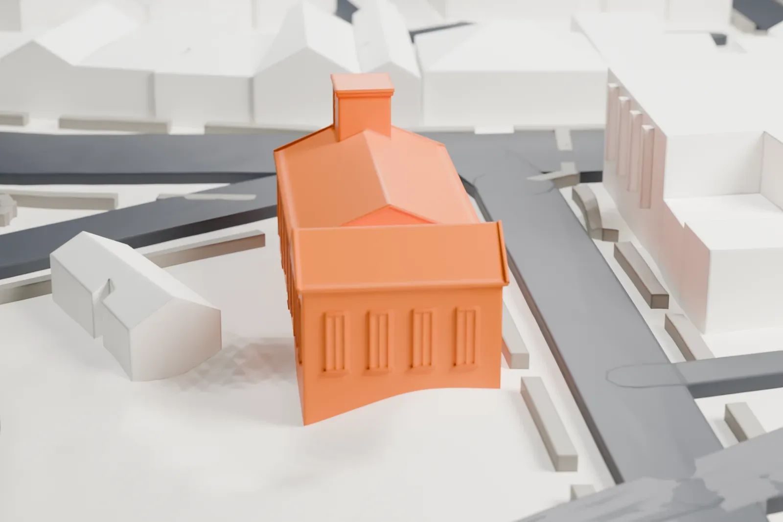 A white 3D print of the Second Reformed Dutch Church, a gabled church with a columned portico and a small cupola, beside streets and neighboring buildings.