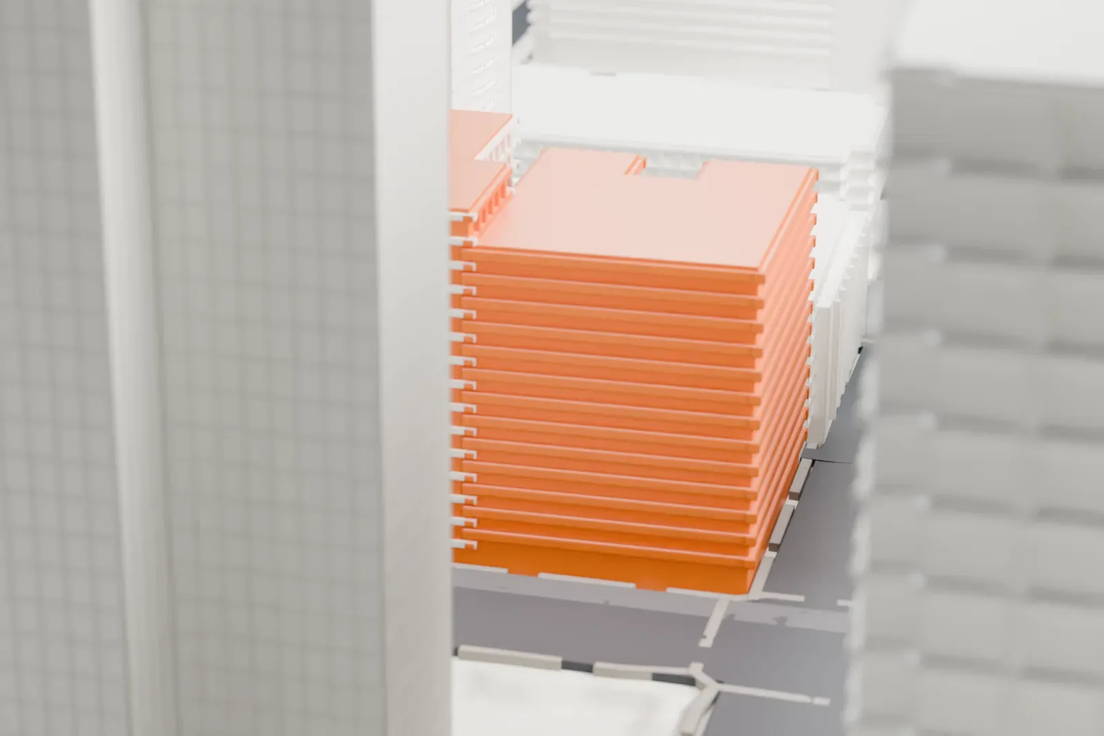 A white 3D print of the Security Building, a mid-rise building with a rooftop penthouse and small cupola, wedged between taller downtown Phoenix buildings beside a wide street.