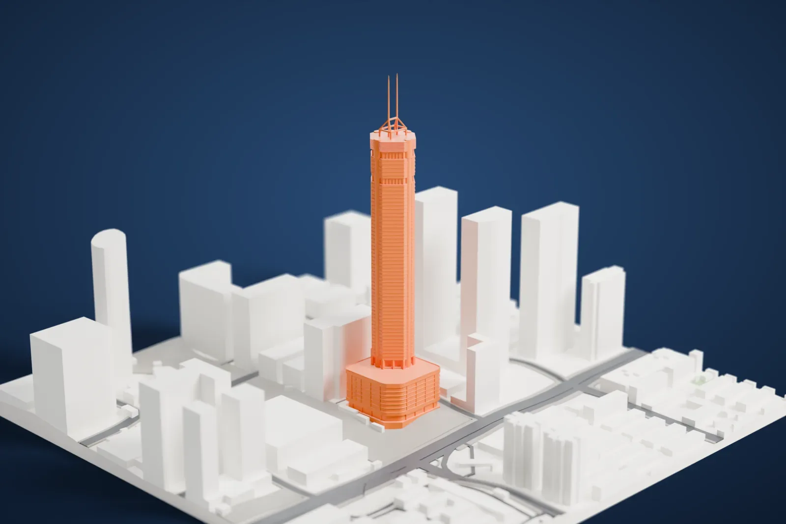 A white 3D print of SEG Plaza among the surrounding city buildings of Shenzhen.