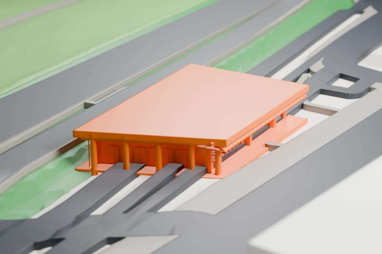 A white 3D print of Sendagaya Station, with the surrounding streets and buildings.