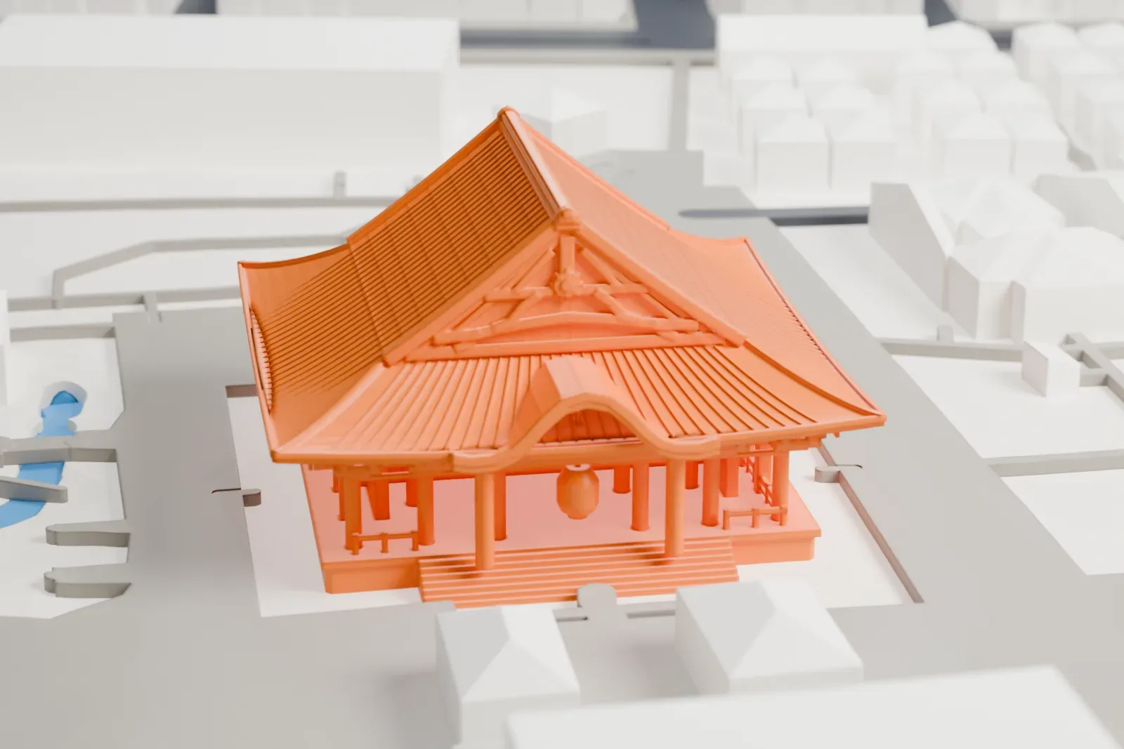 A white 3D print of Sensō-ji among the surrounding streets and buildings of Asakusa.