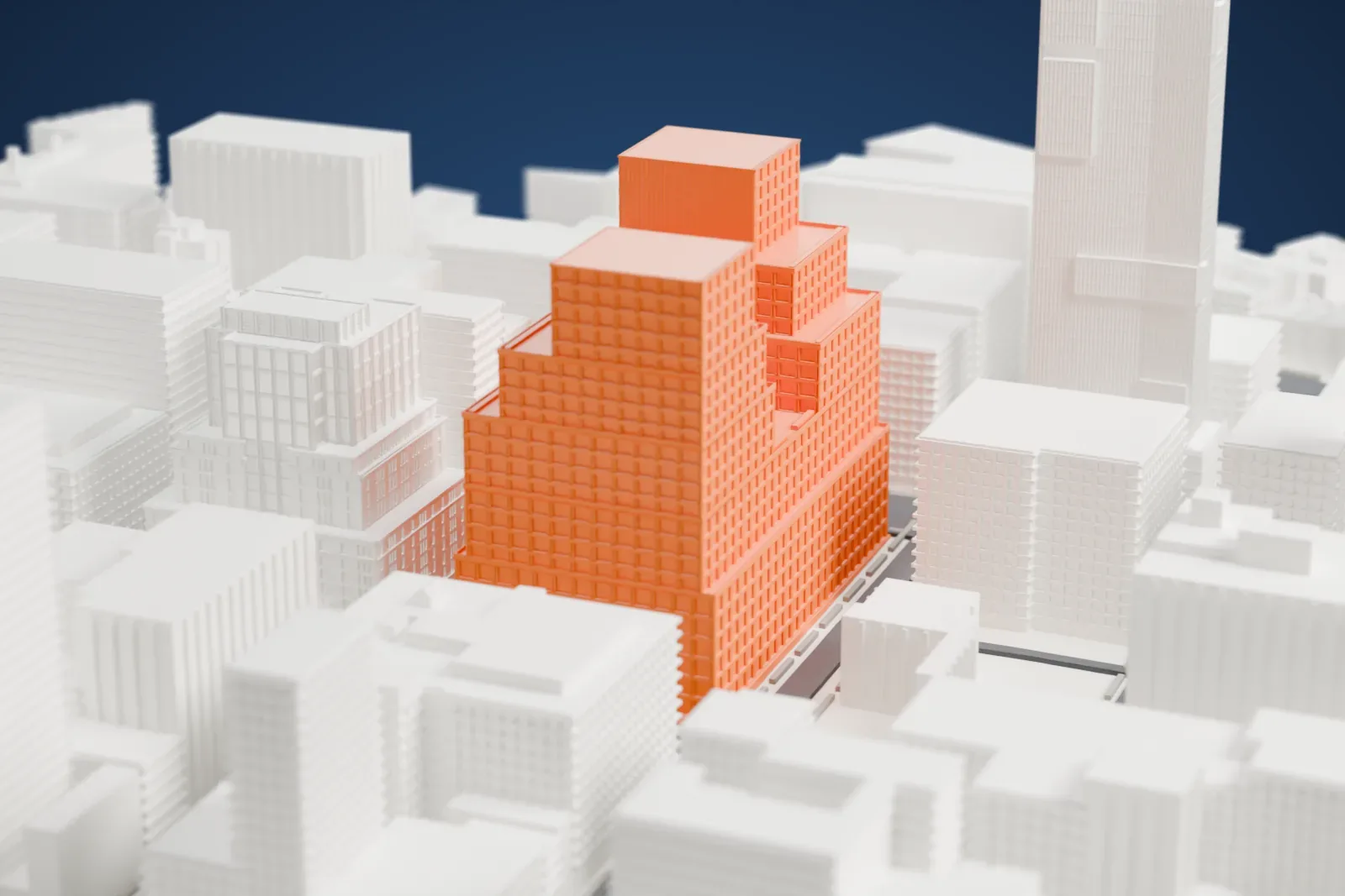 A white 3D print of 7 Hudson Square, two stepped towers joined by a lower middle section, surrounded by Manhattan streets and buildings.