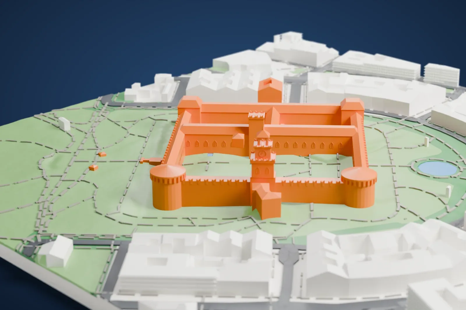 A white 3D print of Sforza Castle, a square ring of walls with round corner towers and a tall gate tower, set in a wide green park with paths and ponds and buildings around its edge.