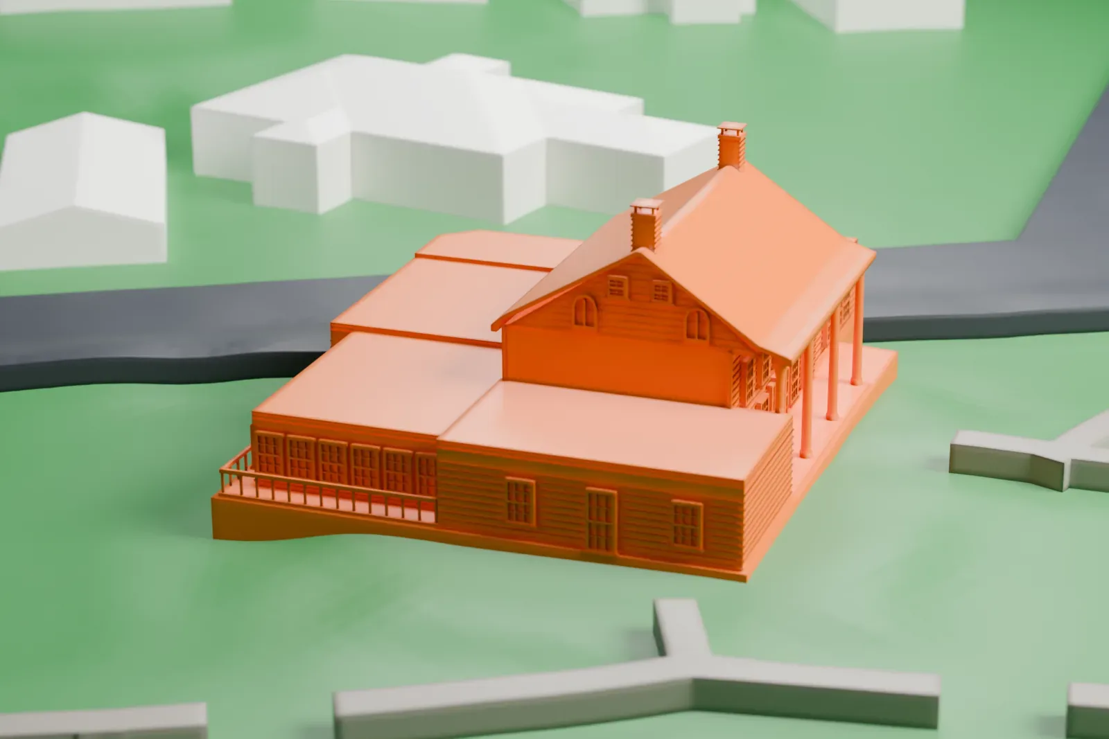 A white 3D print of the Shady Rest Country Club clubhouse, a wide low building with a columned front porch and chimneys, set on open green grounds beside a road.