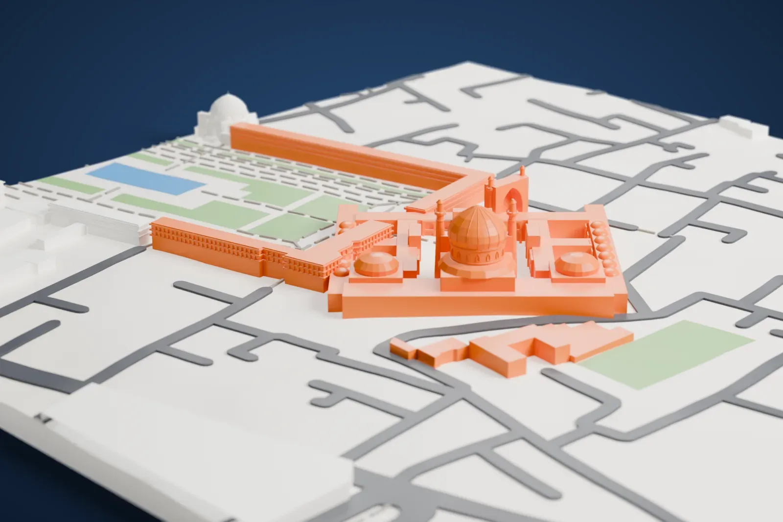 A white 3D print of the Shah Mosque of Isfahan, a courtyard mosque with a large ribbed dome, smaller domes and slender minarets, with long buildings, gardens and streets around it.
