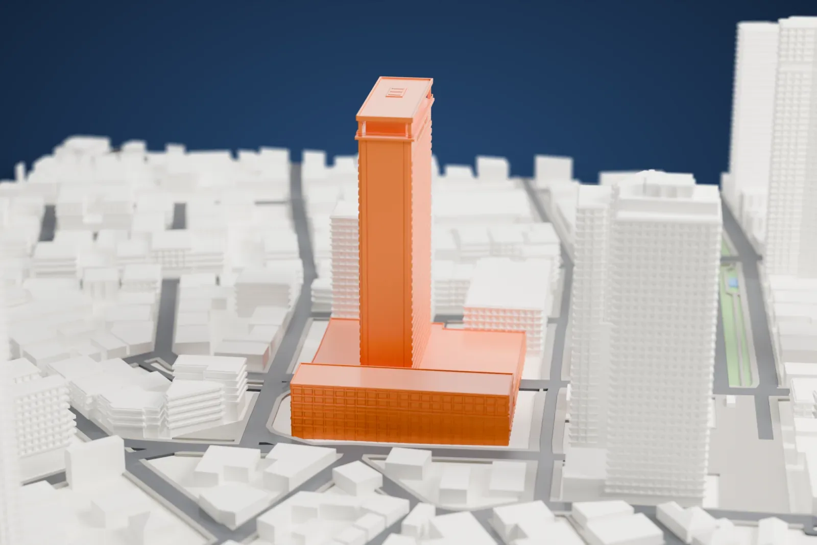 A white 3D print of the Shalom Meir Tower, a tall rectangular tower rising from a wide low base, among dense buildings and streets.