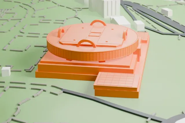 A white 3D print of the Shanghai Museum, People's Square model in Shanghai, with the streets around it.