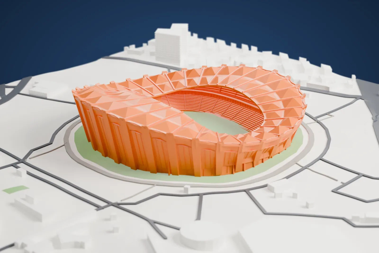 A white 3D print of the Shanghai Stadium, its membrane roof gathered into tent peaks on outward-leaning pillars above a glass-walled podium, among the surrounding streets and buildings.