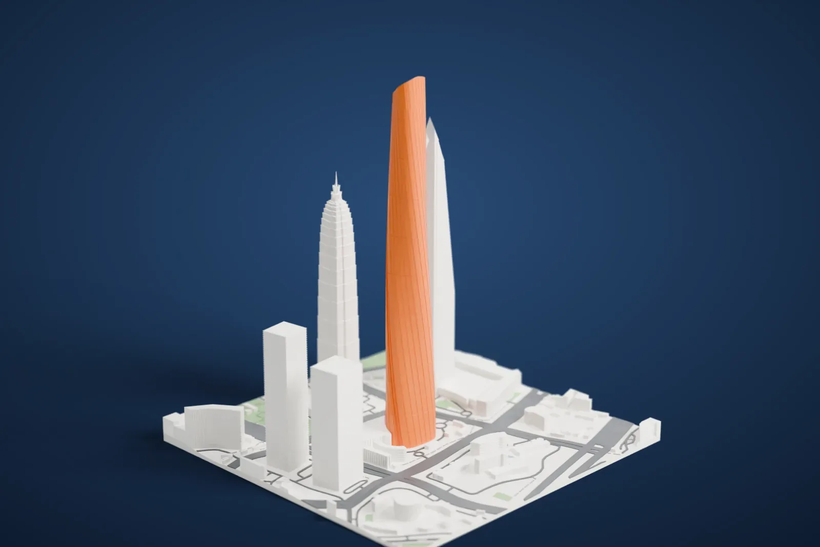 A white 3D print of the Shanghai Tower, a tall, smooth tower that tapers and twists to a slanted crown, standing beside two other supertall towers and the roads and plazas of Pudong.