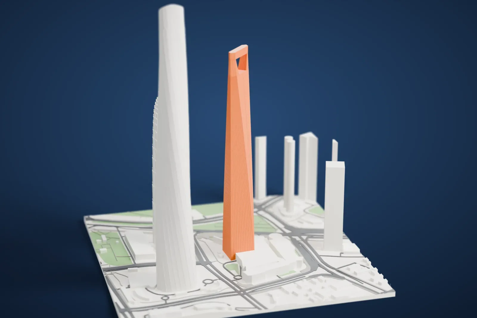 A white 3D print of the Shanghai World Financial Center, a tall tower standing well above the surrounding buildings of Pudong, Shanghai.