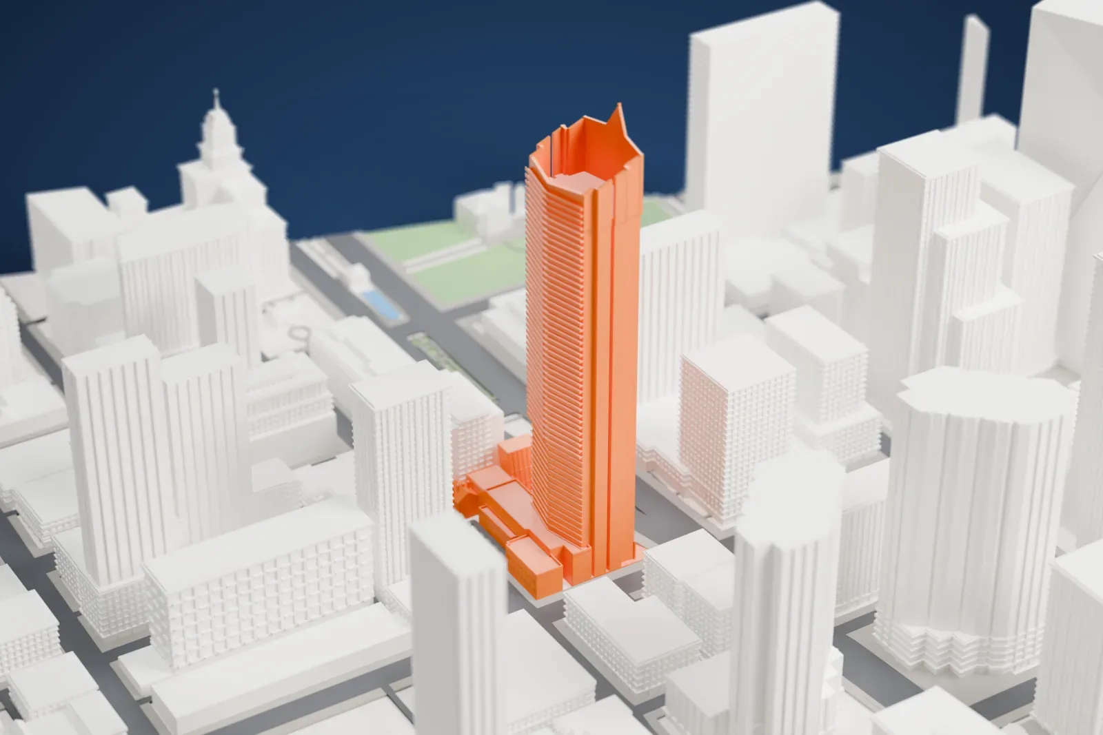 A white 3D print of Shangri-La Toronto with the surrounding streets and buildings of downtown Toronto.