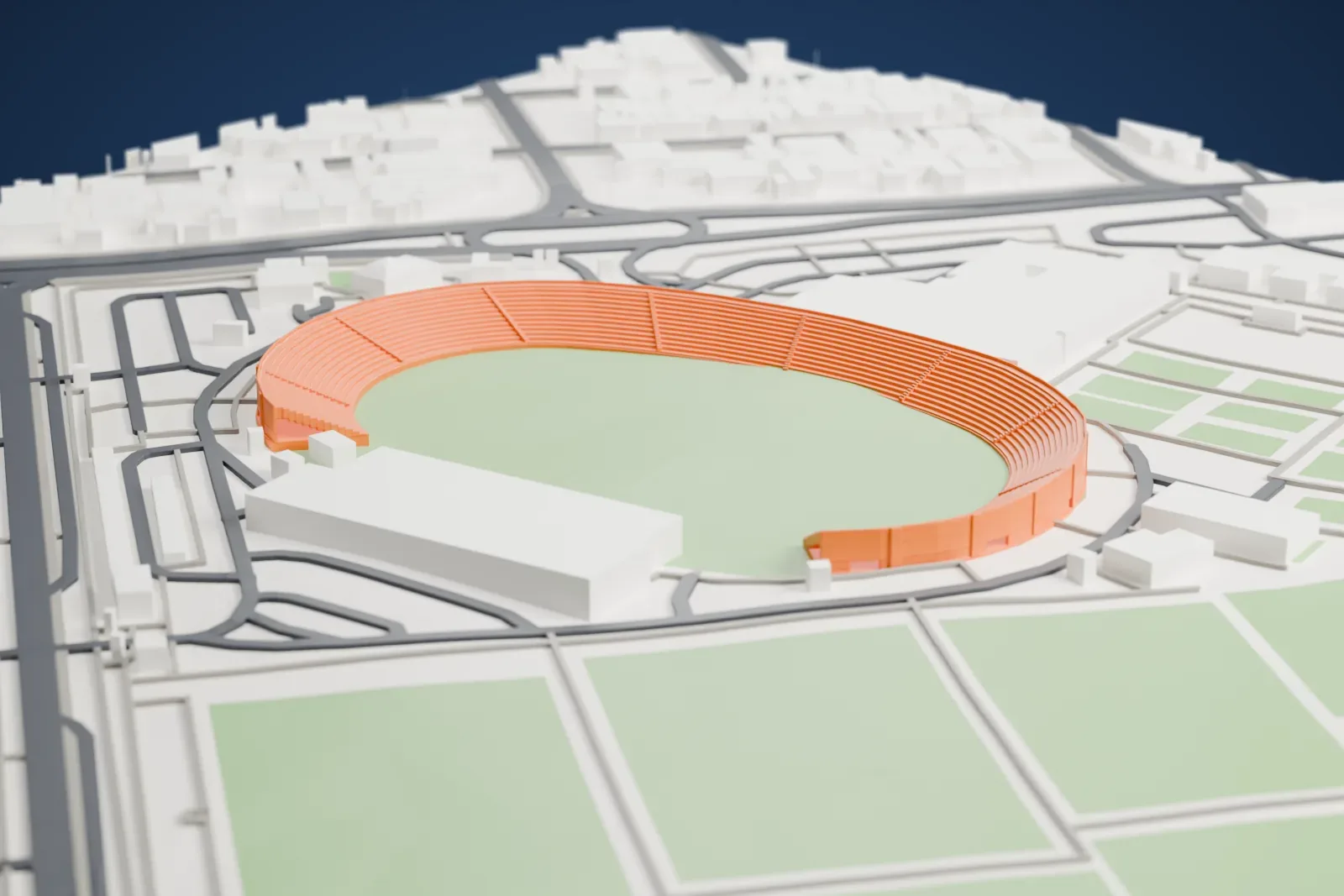 A white 3D print of Sharjah Stadium, with its stands around the field and the surrounding city.