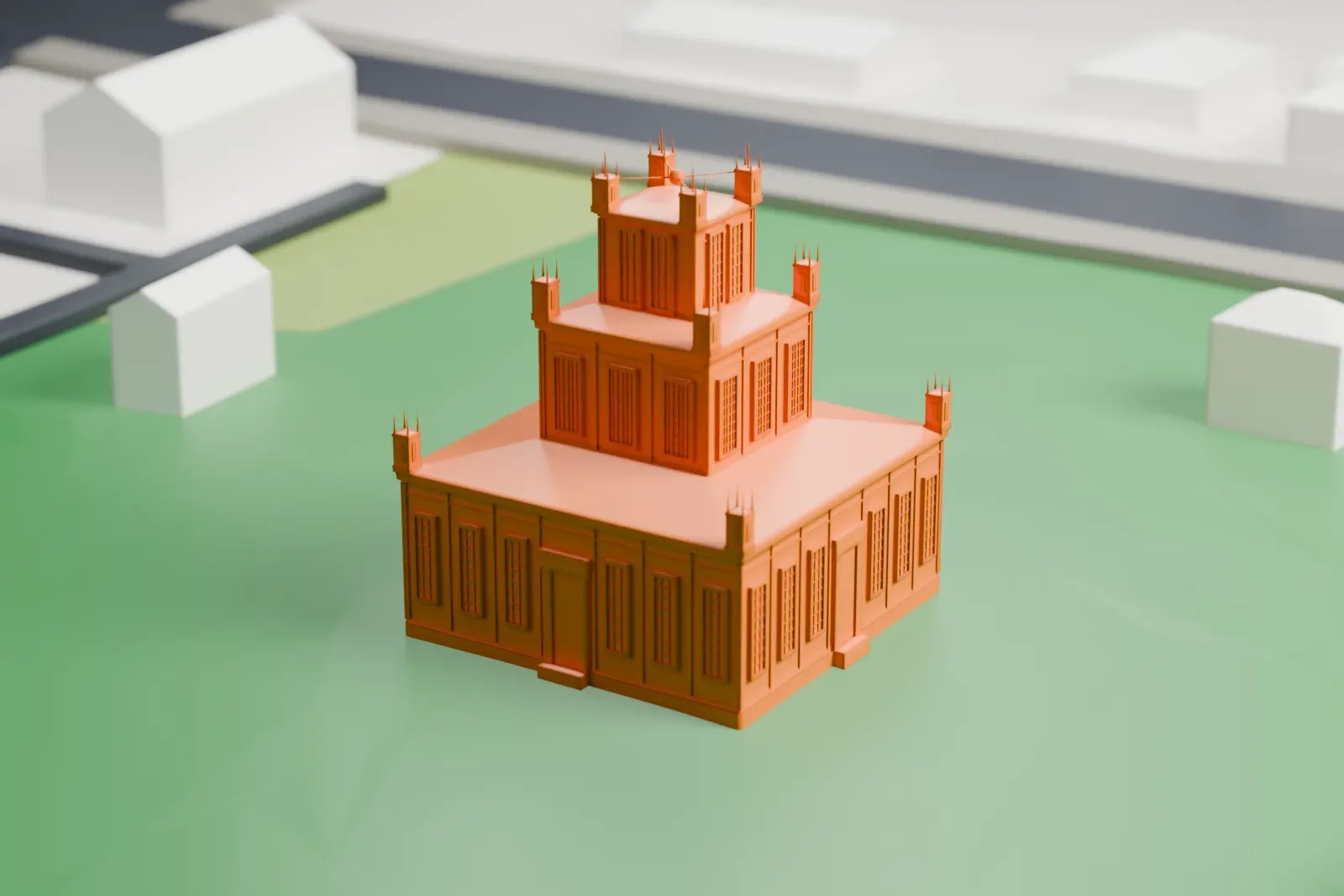 A white 3D print of the Sharon Temple with the surrounding streets and buildings.