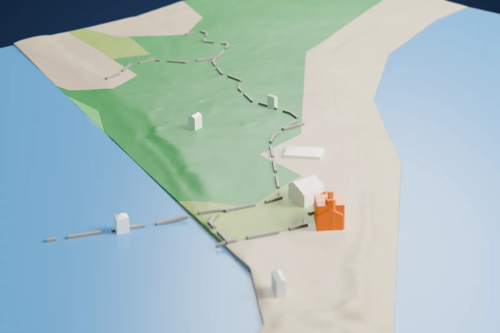 A white 3D print of Sheffield Island Light, a stone lighthouse with a steep roof, a small railed lantern and a side annex, on a shoreline beside open water.