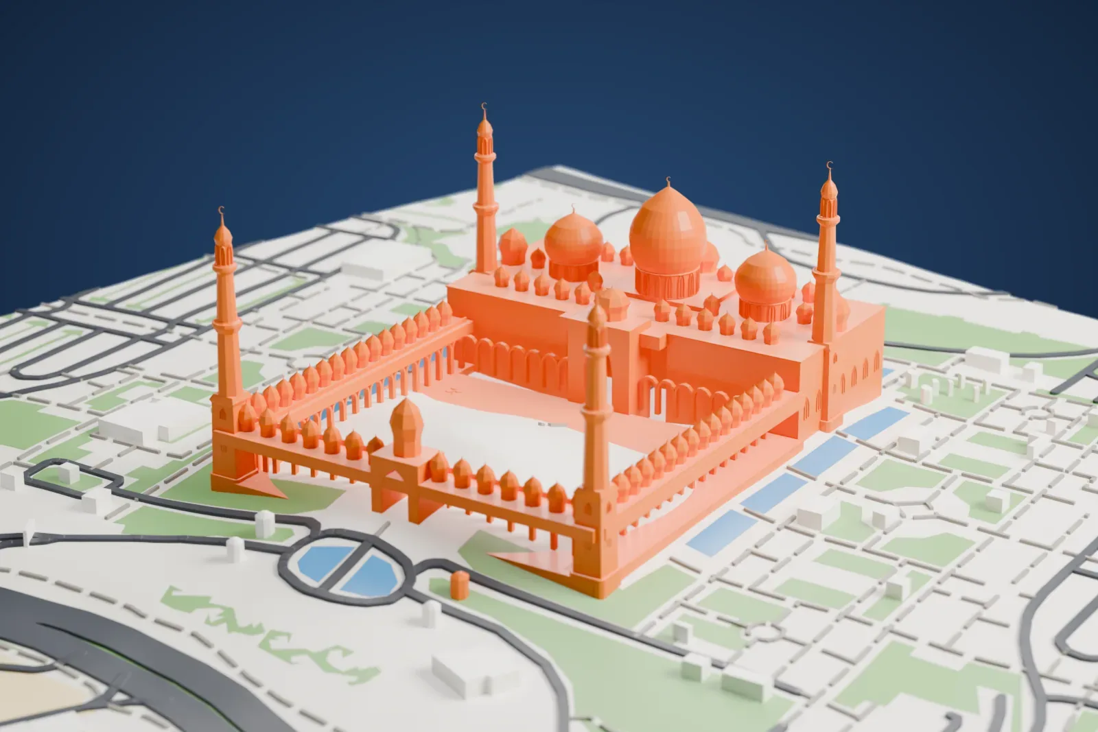 A white 3D print of the Sheikh Zayed Grand Mosque, with large domes, rows of small domes around a square courtyard and tall slender minarets, among streets, green lawns and pools.