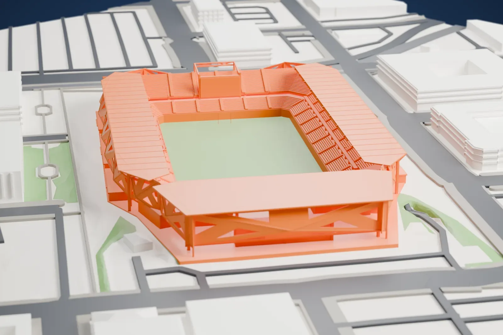 A white 3D print of Shell Energy Stadium, its faceted screen and separate roof canopies among East Downtown Houston streets.