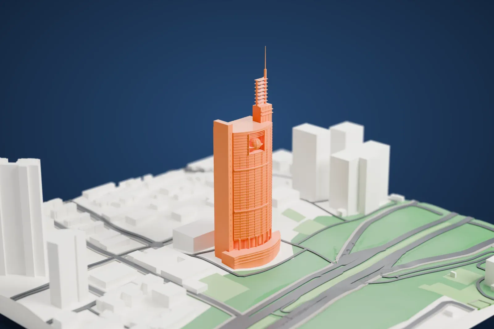 A white 3D print of Shenzhen Special Zone Press Tower above the surrounding streets and buildings.